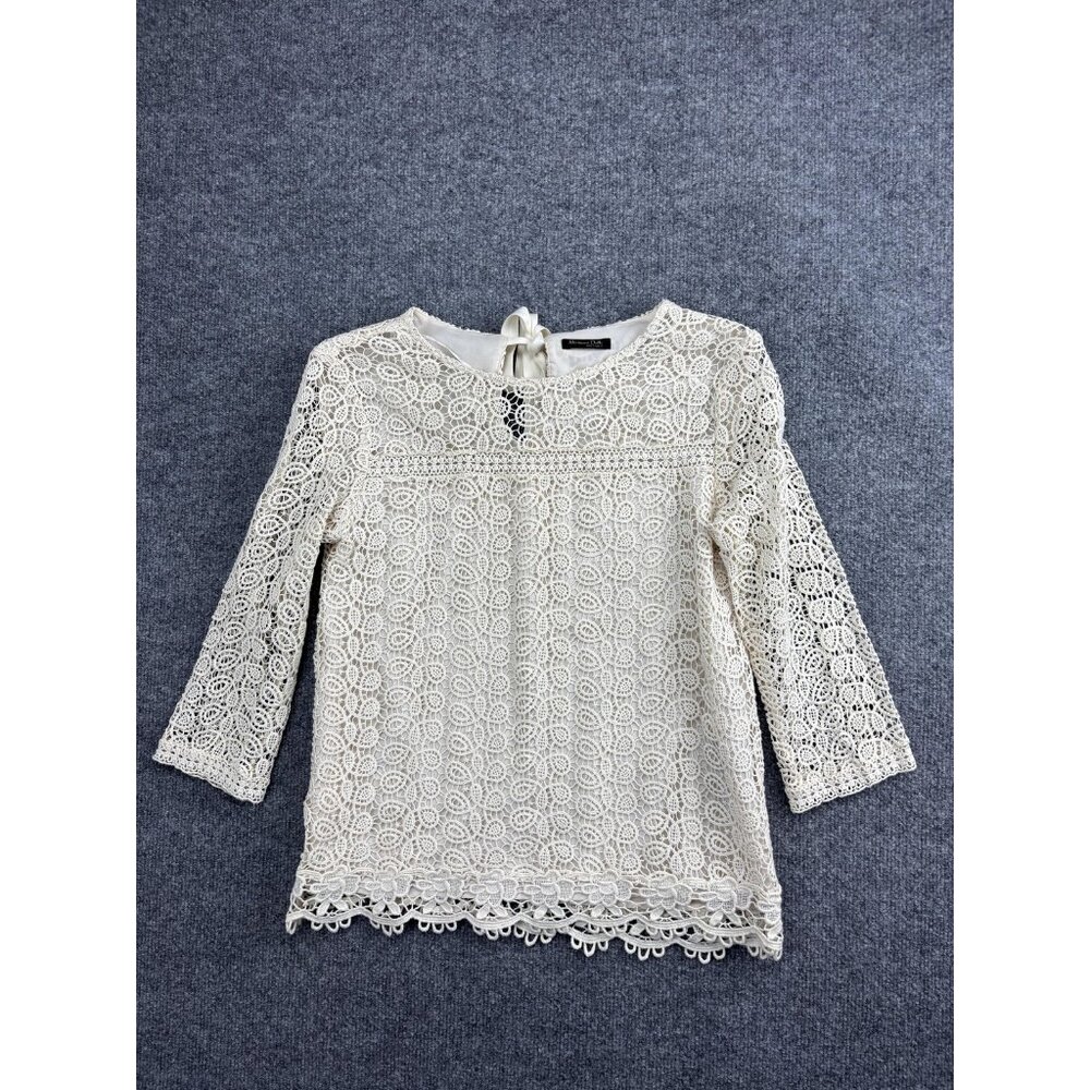 Massimo Dutti Lace Shirt Womens 4 White Crochet 3/4 Sleeve Lined Blouse Top